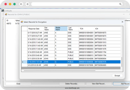 A computer screen shows a software window listing records for JOHN Q PUBLIC. The table includes columns for response date, first, middle, and last name, TCN, and ICN. Multiple records for JANE DOE and JOHN Q PUBLIC are visible.